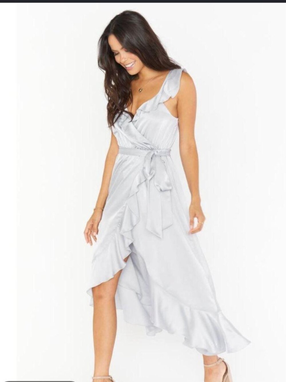 Show Me Your MUMU Samantha Ruffle Wrap Dress  in a silvery  satin NWT